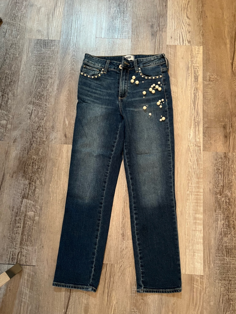 PAIGE Dark Blue Skinny Jeans with Pearl Studs